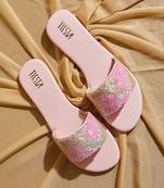 Pink embroidered satin flats