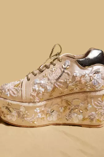 Gold embroidered satin heels