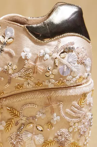 Gold embroidered satin heels