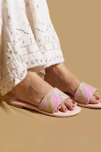 Pink embroidered satin flats