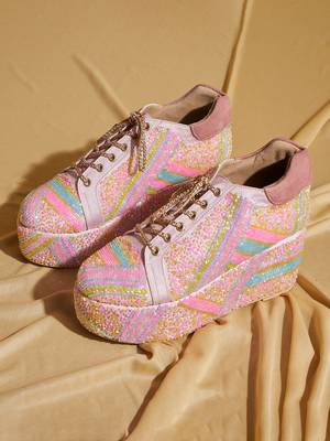 Pink embroidered satin heels 1