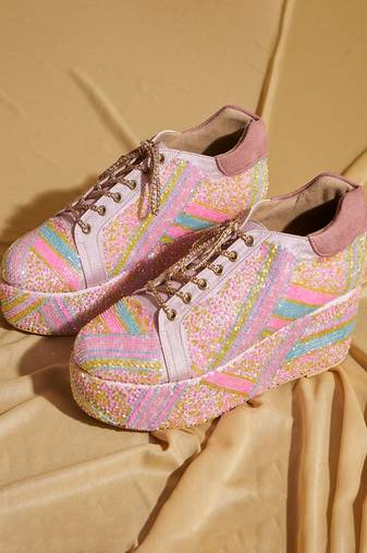 Pink embroidered satin heels