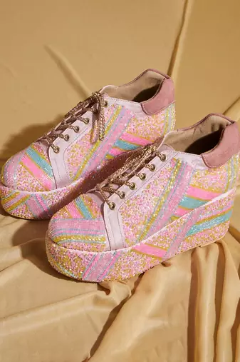 Pink embroidered satin heels