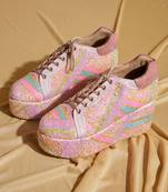 Pink embroidered satin heels