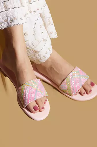 Pink embroidered satin flats