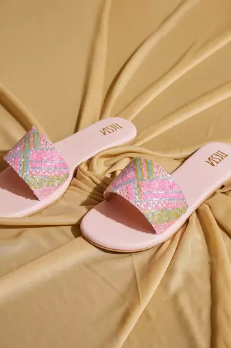 Pink embroidered satin flats