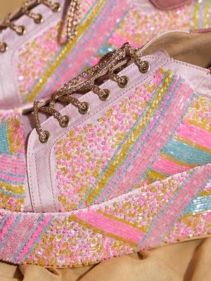 Pink embroidered satin heels 2
