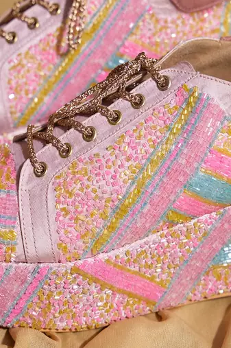 Pink embroidered satin heels