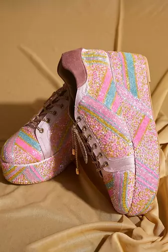 Pink embroidered satin heels