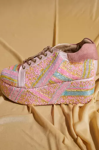 Pink embroidered satin heels