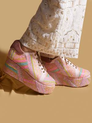 Pink embroidered satin heels 5