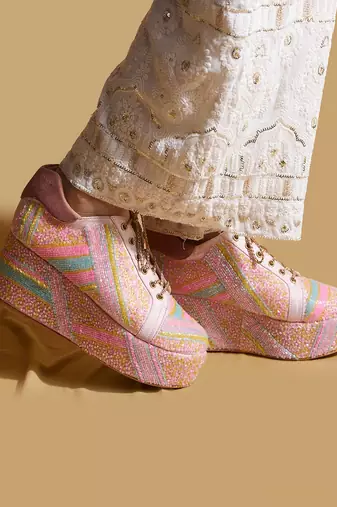 Pink embroidered satin heels