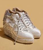 White embroidered satin heels