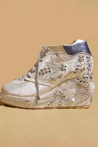 White embroidered satin heels