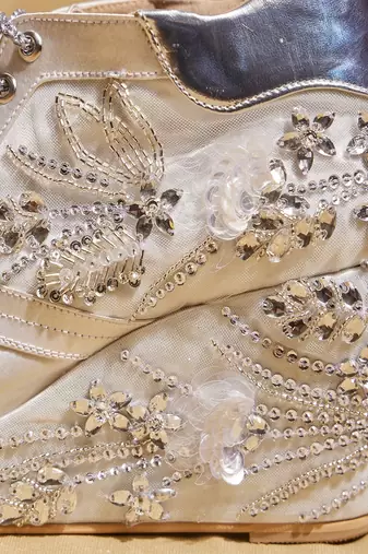White embroidered satin heels