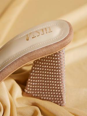 Beige solid satin heels 4