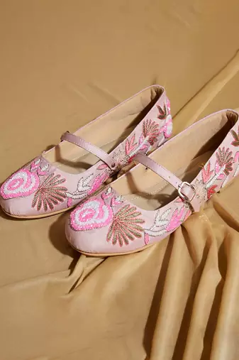Pink embroidered satin ballerinas