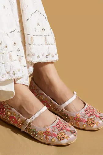 White embroidered satin ballerinas