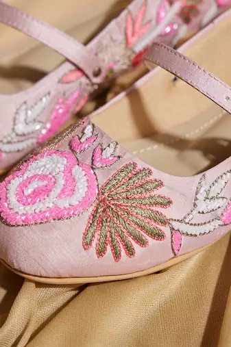Pink embroidered satin ballerinas