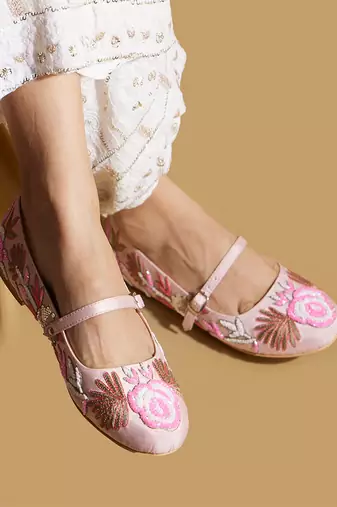 Pink embroidered satin ballerinas