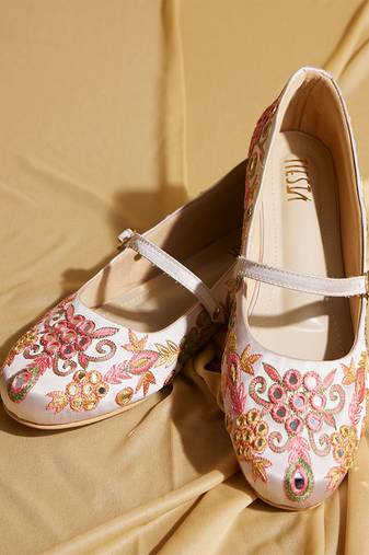 White embroidered satin ballerinas
