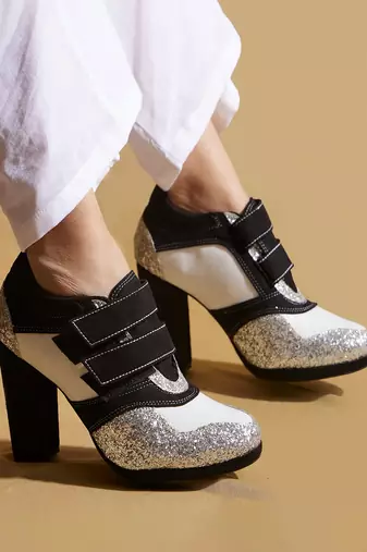 Silver embroidered leather heels