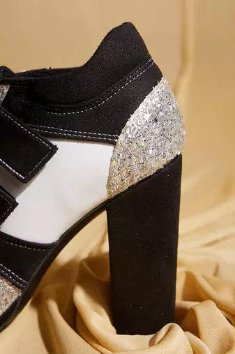 Silver embroidered leather heels