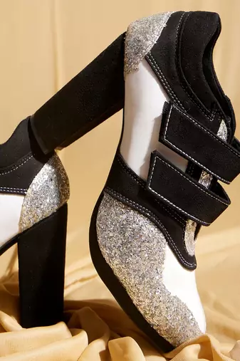 Silver embroidered leather heels