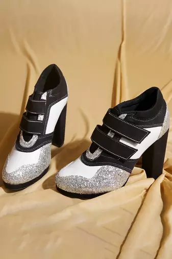 Silver embroidered leather heels