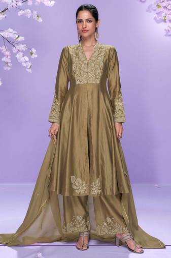 Brown embroidery work roman silk front cut anarkali palazzo suit-free size(size upto 42")
