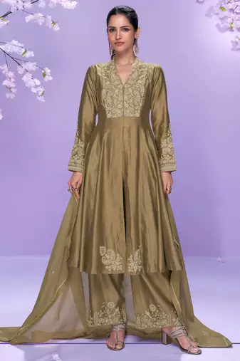 Brown embroidery work roman silk front cut anarkali palazzo suit-free size stitching (size upto 42")