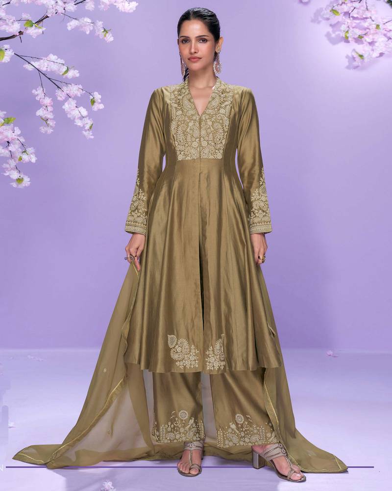 Brown embroidery work roman silk front cut anarkali palazzo suit-free size stitching (size upto 42")