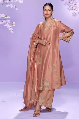 Rose pink embroidery work roman silk anarkali palazzo suit-free size stitching (size upto 42")