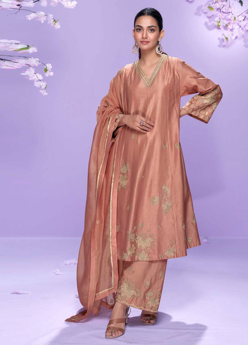 Rose pink embroidery work roman silk anarkali palazzo suit-free size stitching (size upto 42")