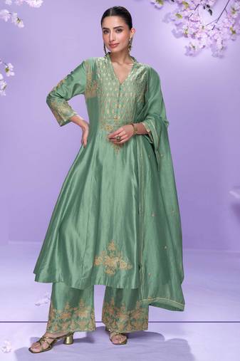 Blue embroidery work roman silk anarkali palazzo suit-free size stitching (size upto 42")