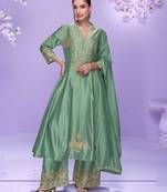 Blue embroidery work roman silk anarkali palazzo suit-free size(size upto 42")