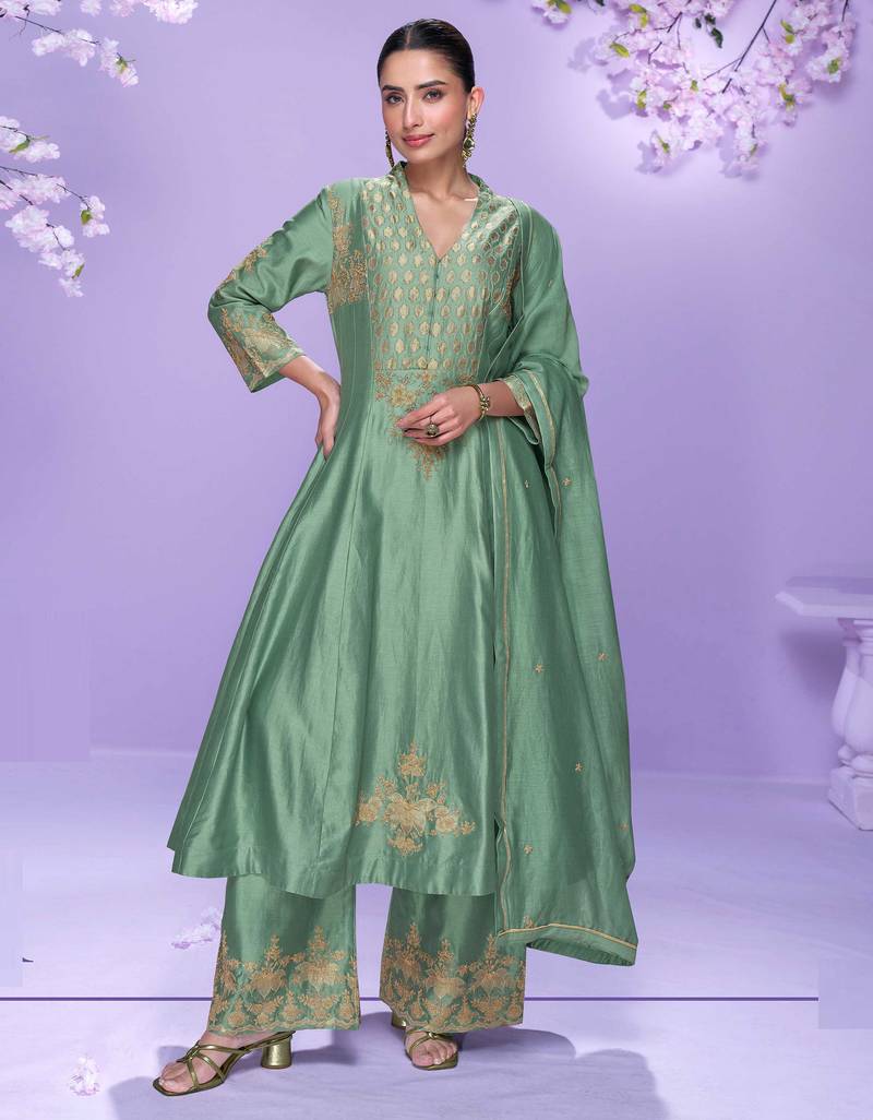 Blue embroidery work roman silk anarkali palazzo suit-free size stitching (size upto 42")