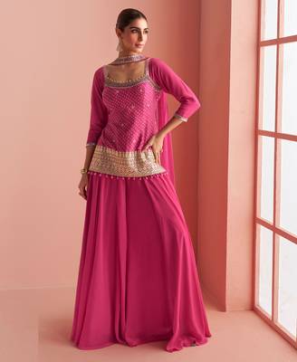 Pink embroidery mirror & printed work chinnon silk short top palazzo suit-free size(size upto 42") 1