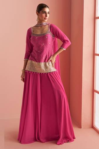Pink embroidery, mirror & printed work chinnon silk short top palazzo suit-free size stitching (size upto 42")