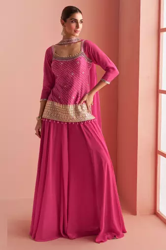 Pink embroidery, mirror & printed work chinnon silk short top palazzo suit-free size stitching (size upto 42")