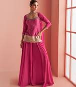 Pink embroidery mirror & printed work chinnon silk short top palazzo suit-free size(size upto 42")