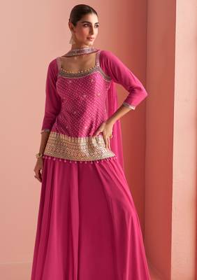 Pink embroidery mirror & printed work chinnon silk short top palazzo suit-free size(size upto 42") 2