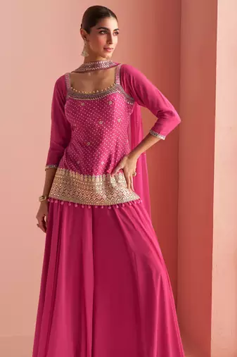 Pink embroidery mirror & printed work chinnon silk short top palazzo suit-free size(size upto 42")