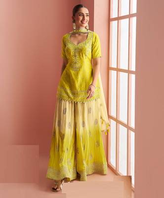 Lime yellow embroidery mirror & printed work chinnon silk short top palazzo suit-free size(size upto 42") 1