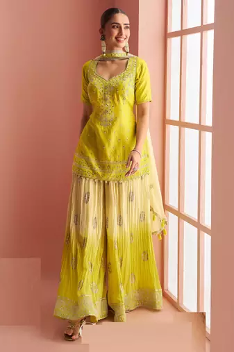 Lime yellow embroidery, mirror & printed work chinnon silk short top palazzo suit-free size stitching (size upto 42")