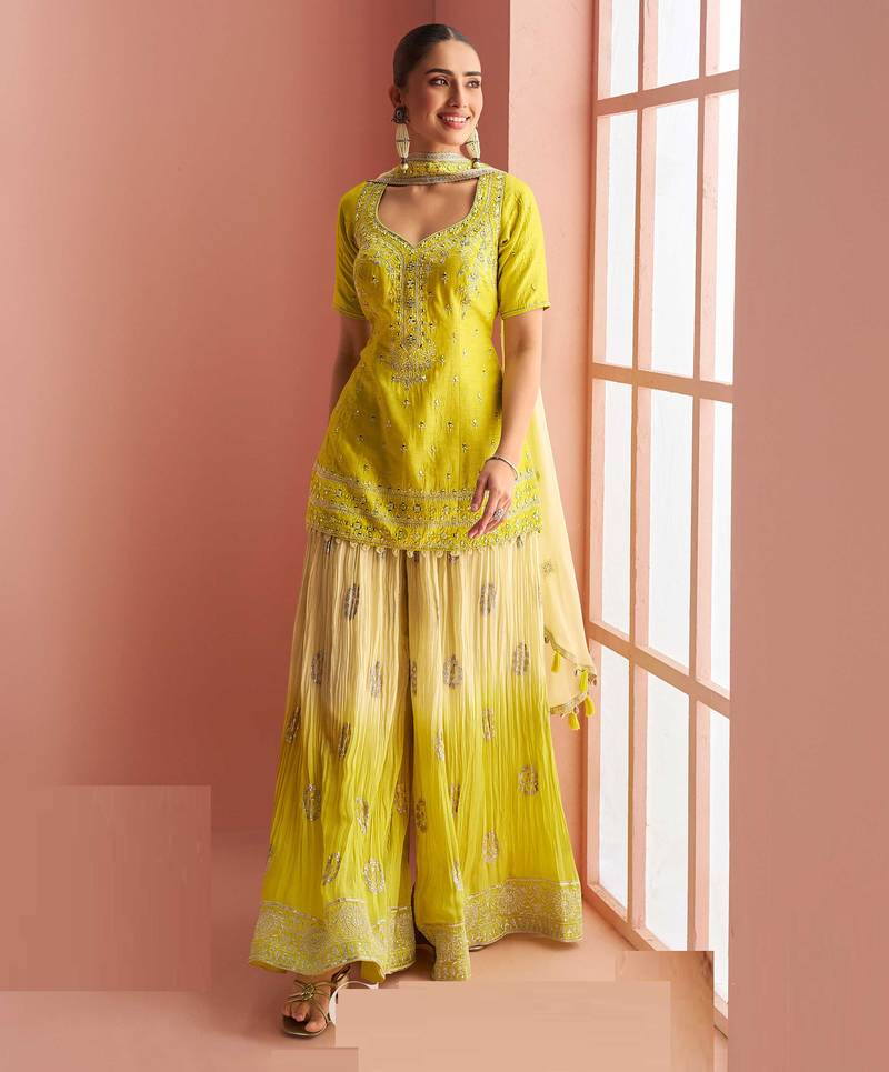 Lime yellow embroidery, mirror & printed work chinnon silk short top palazzo suit-free size stitching (size upto 42")