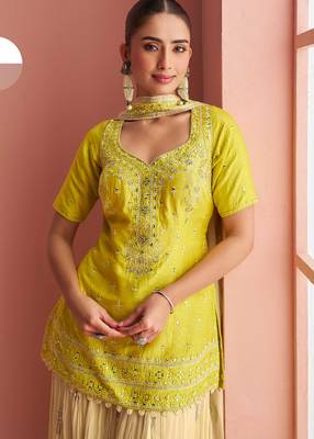 Lime yellow embroidery mirror & printed work chinnon silk short top palazzo suit-free size(size upto 42") 2