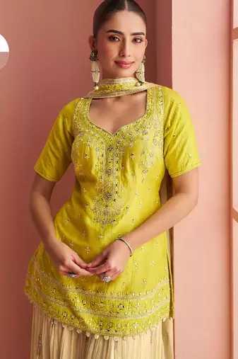 Lime yellow embroidery mirror & printed work chinnon silk short top palazzo suit-free size(size upto 42")