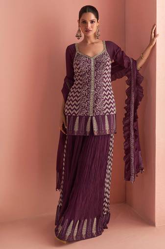 Wine embroidery, mirror & printed work chinnon silk short top palazzo suit-free size stitching (size upto 42")