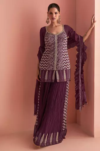 Wine embroidery, mirror & printed work chinnon silk short top palazzo suit-free size stitching (size upto 42")